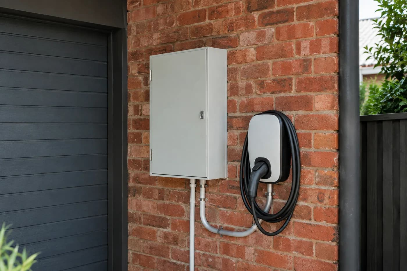 Closed residential switchboard and EV charger on a brick garage wall